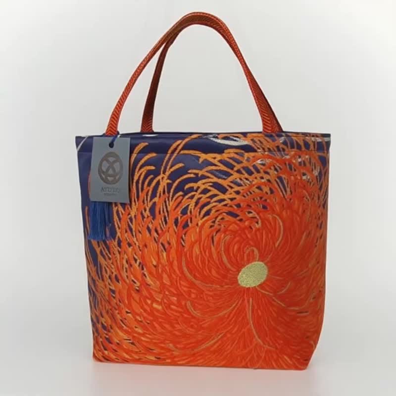 獨一無二真絲和服袋帶托特包, 日本手工刺繡升級改造包, 和風藝術 - 手提包/手提袋 - 絲．絹 藍色