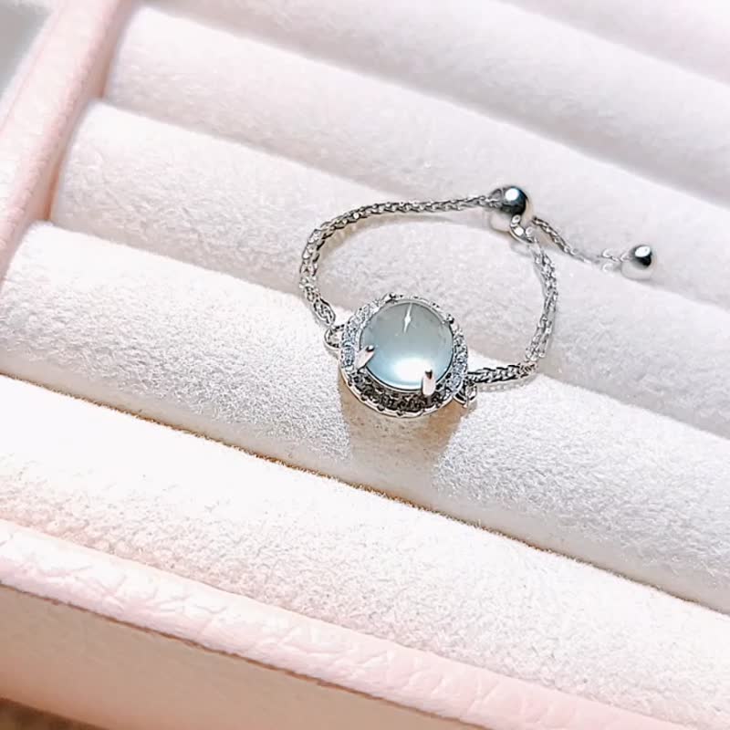 |Goddess of Wealth Ring Chain|A-grade jadeite light blue bar egg surface 6.3mm sterling silver plated 18k ring chain - แหวนทั่วไป - หยก 