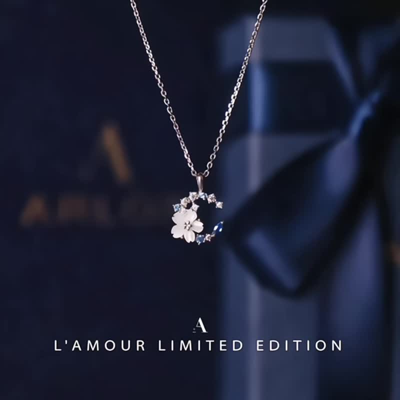 L'amour 優雅小花月亮頸鏈 (白金色) - 項鍊 - 純銀 