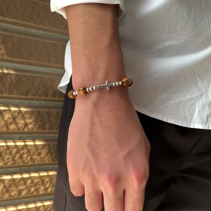 Bracelet,import,8mm olive wood bead,silver spacer bead,visual double cross - สร้อยข้อมือ - ไม้ หลากหลายสี