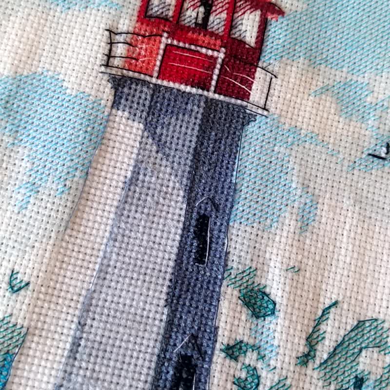 Hand embroidered Lighthouse Seascape Painting on Canvas Wall Art - 壁貼/牆壁裝飾 - 棉．麻 藍色