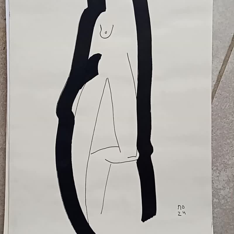 Staying woman nude with chair drawing modern style, black white art drawing - โปสเตอร์ - กระดาษ ขาว