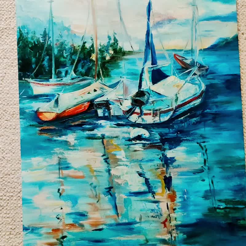 夕日のヨットの海景オリジナル絵画明るい海の壁アート水の風景
