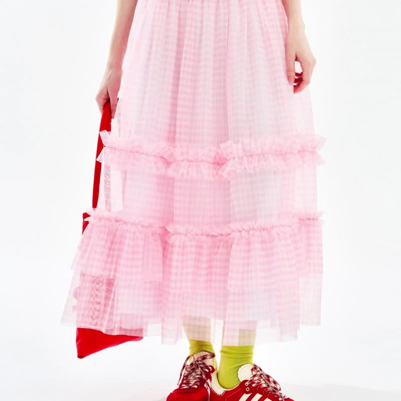 Summer pink plaid floral gauze skirt/skirt dreamy skirt - กระโปรง - วัสดุอื่นๆ สึชมพู