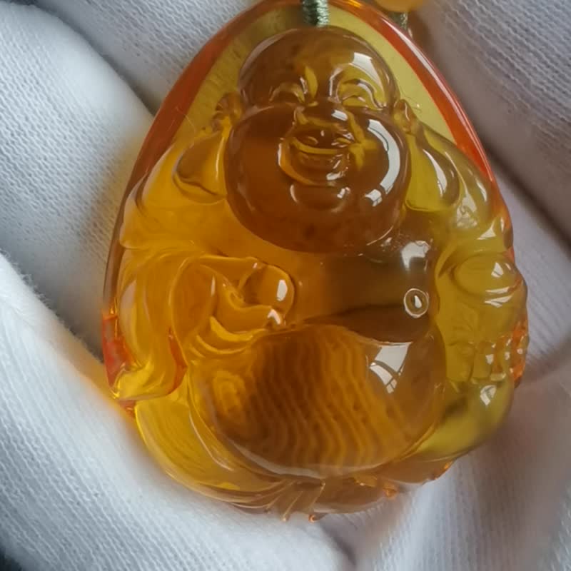 【佛念】天然收藏級名家精雕琥珀淨水體金珀彌勒佛佛牌項鏈 - 項鍊 - 寶石 