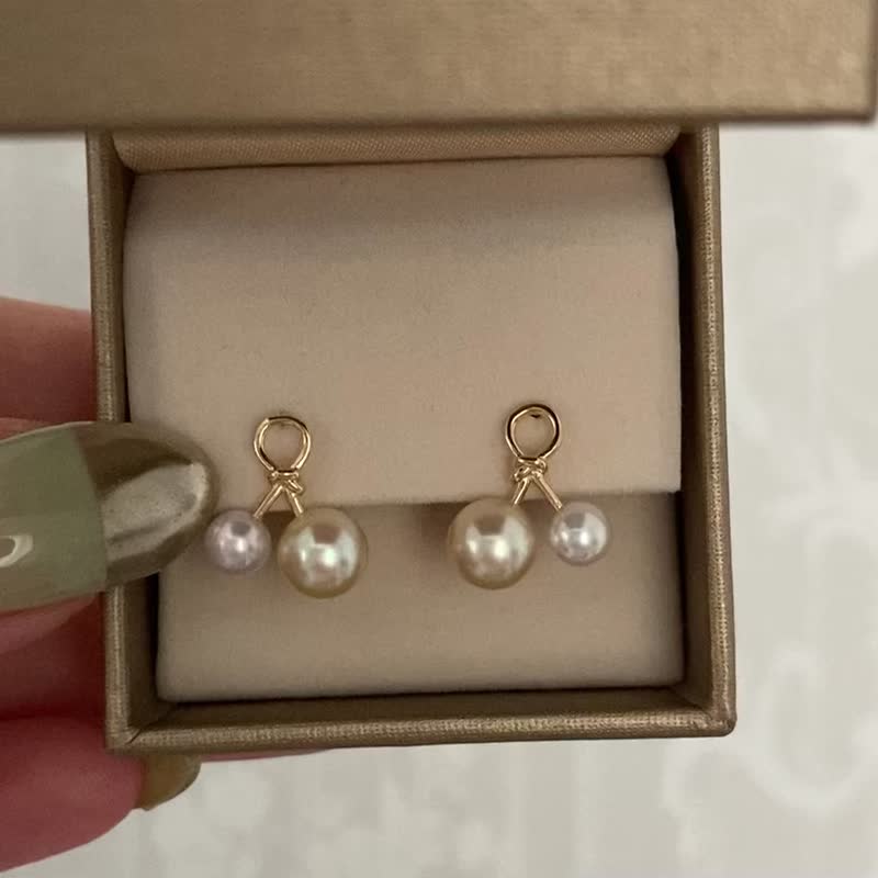 4.5+6.5mm double color akoya pearl earrings little cherry 10k yellow solid gold - ต่างหู - ไข่มุก หลากหลายสี