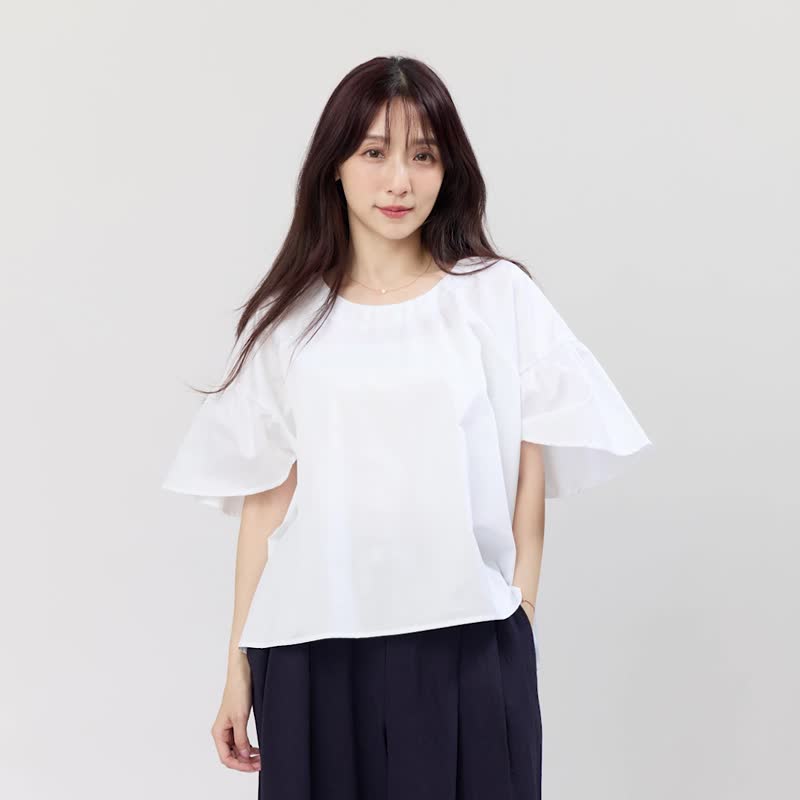 Ashley 棉質清爽圓領細褶泡泡袖上衣/白 - 女上衣/長袖上衣 - 棉．麻 白色