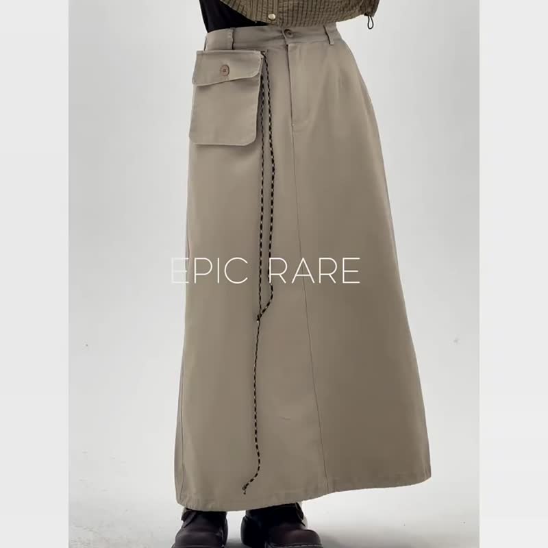 Light Khaki outdoor skirt with detachable pockets, simple straight work skirt, spliced ​​all-match midi skirt - Skirts - Other Man-Made Fibers Khaki