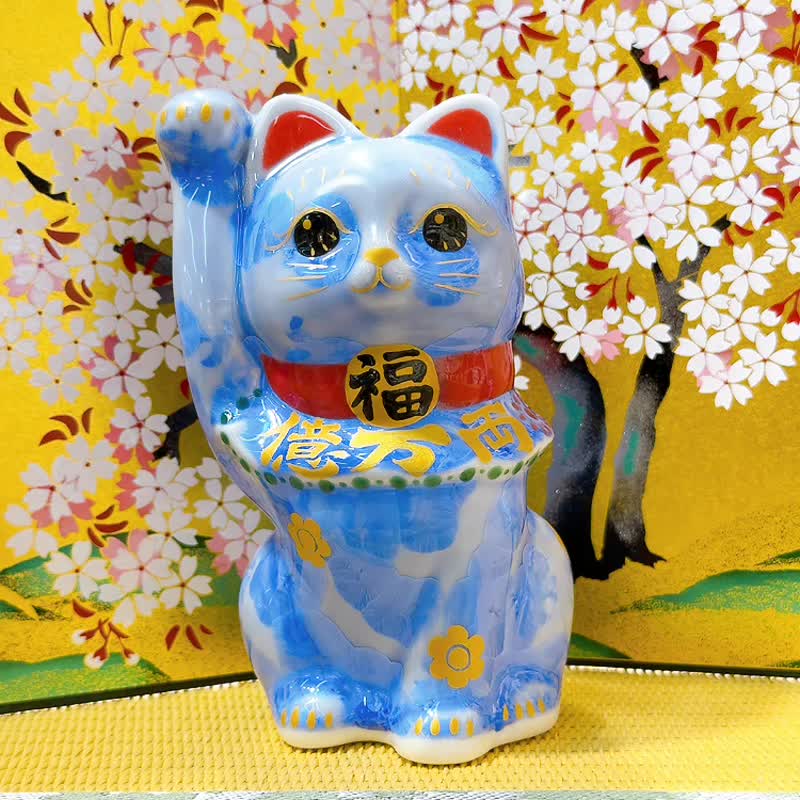 【桃華聚財】日本清水燒招財貓 | 花結晶青 - 億万両 - 擺飾/家飾品 - 瓷 藍色