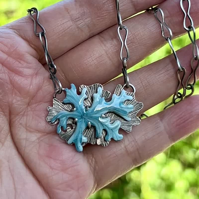 【Plant Series】#a442 Blue Enamel Fern Leaf Necklace - สร้อยคอ - เงิน สีน้ำเงิน