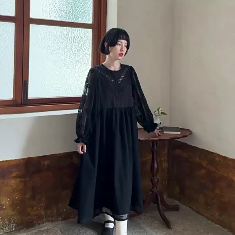 Black Lace Trimmed Round Neck Cut-out Rose Little Black Dress Vintage Exquisite Jacquard Maxi Dress - One Piece Dresses - Cotton & Hemp Black