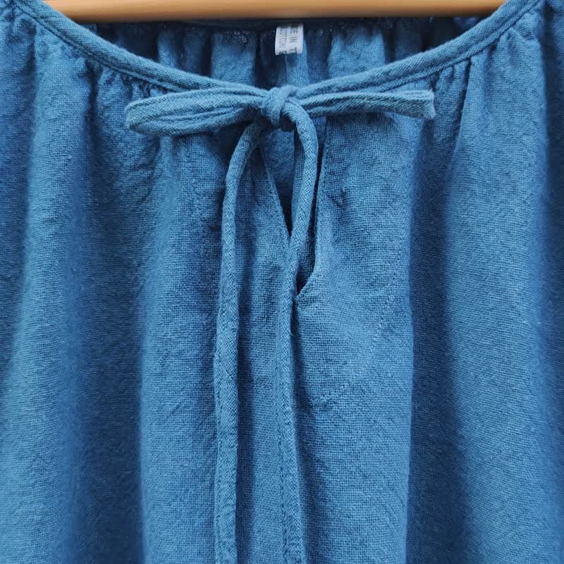 Minnie Bubble - Round Bow Neck Short Sleeve Blouse - Women's Tops - Cotton & Hemp Blue
