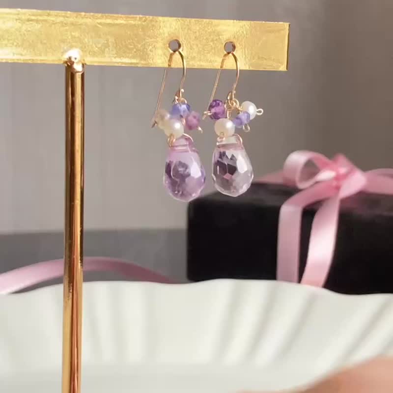 14KGF 粉紅紫水晶  坦桑石 耳環 / 耳夾 / 二月誕生石 - 耳環/耳夾 - 寶石 紫色