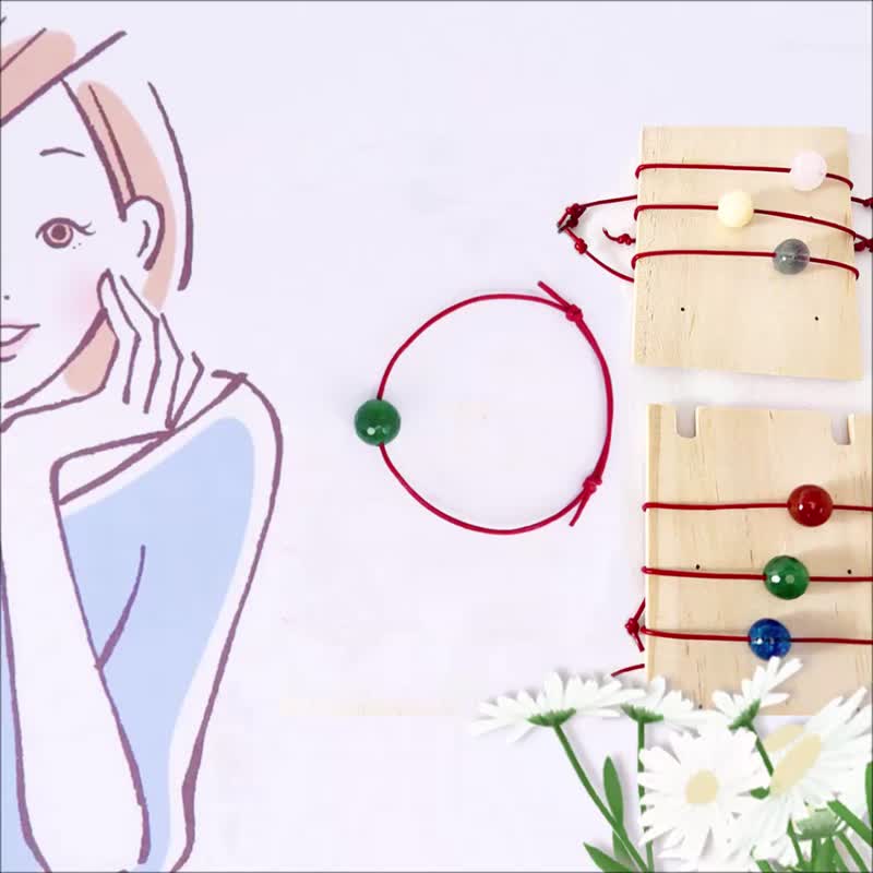 手工手鍊 幸運紅繩x生日寶石選7月至12月誕生石 輕鬆收緊皮製手繩 - 手鍊/手環 - 真皮 紅色