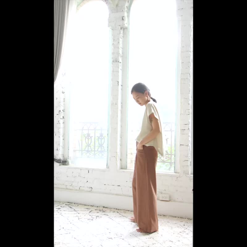 OMAKE high-waist pocket straight trousers/gravel cloth camel - กางเกงขายาว - ผ้าฝ้าย/ผ้าลินิน สีนำ้ตาล