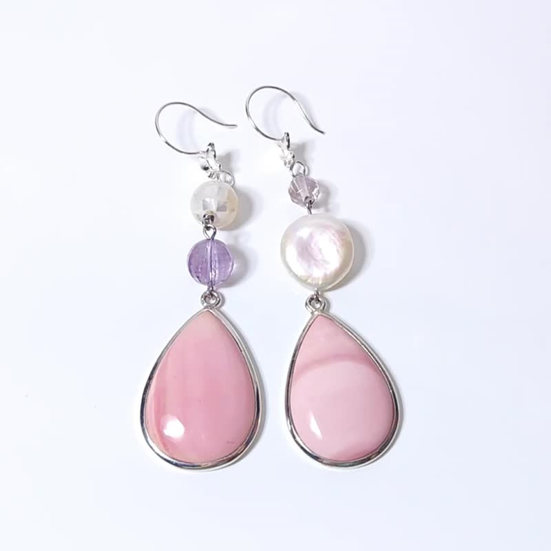 Rare Pink Opal Angel's Skin Pearl Amethyst Asymmetric Design Large Gemstone Earrings - สร้อยคอ - เครื่องเพชรพลอย สึชมพู