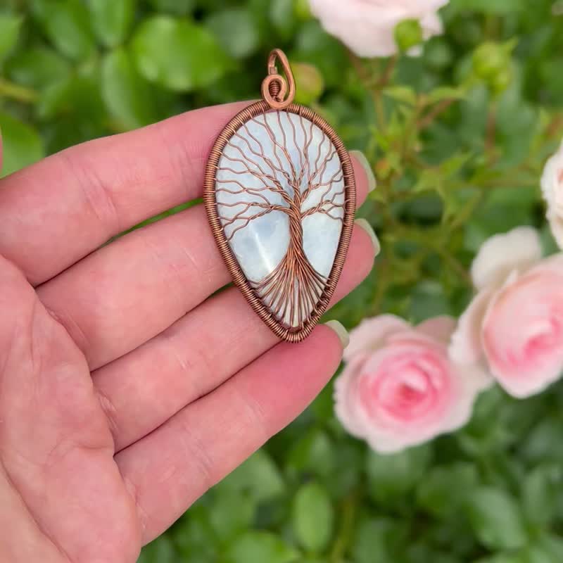 Copper Tree Of Life Pendant Wire Braided Stone Necklace Gemstone Jewelry - สร้อยคอ - เครื่องประดับพลอย สีน้ำเงิน