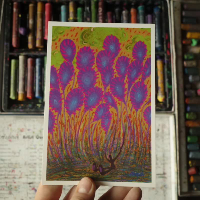 オイルパステル手描きシリーズ20枚セット オリジナルイラスト ポストカード 自然モチーフ 不思議な世界観 - はがき・メッセージカード - 紙 多色