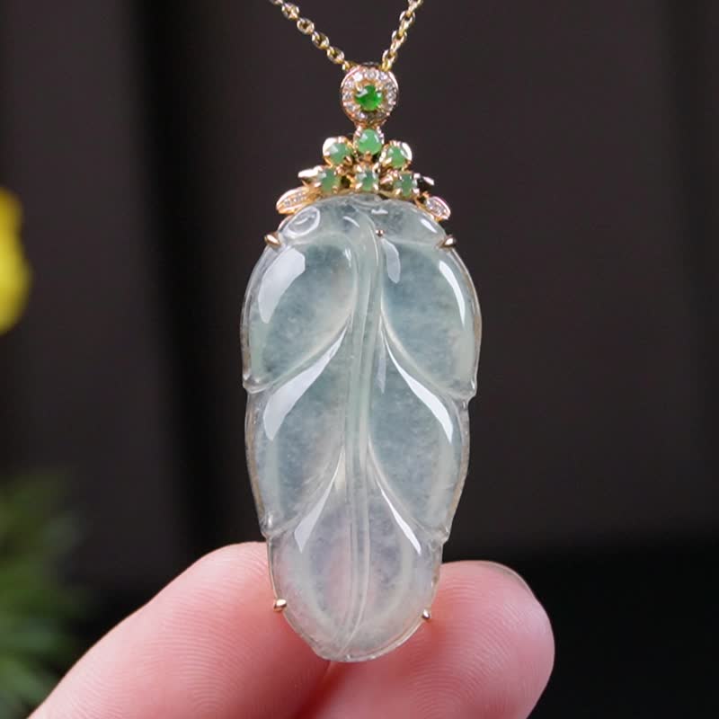 高冰種翡翠葉子項鍊 18K金鑽石 | 天然緬甸玉翡翠A貨 | 送禮 - 項鍊 - 玉石 透明