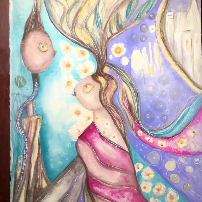 Watercolor fantasy,original watercolor painting on paper,one of a kind - 壁貼/牆壁裝飾 - 紙 粉紅色