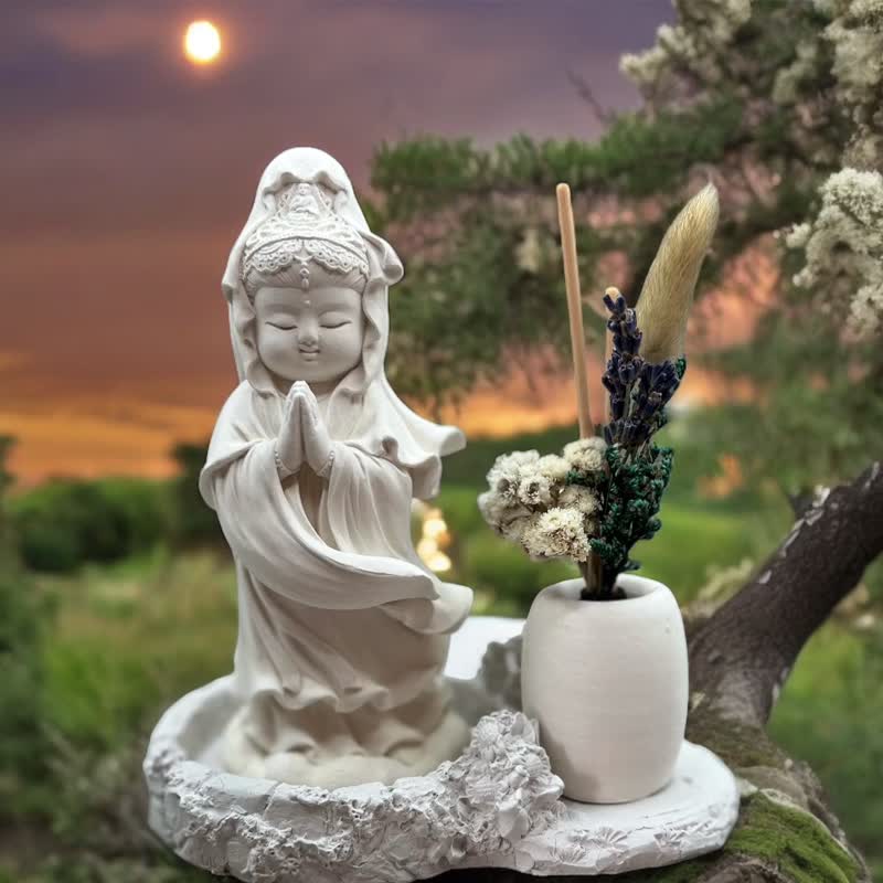 仏教の新しい美的芸術の香りの装飾品 吉祥観音の純粋な思い 33 合掌観音 デラックス田園プレート - 置物 - コンクリート ホワイト