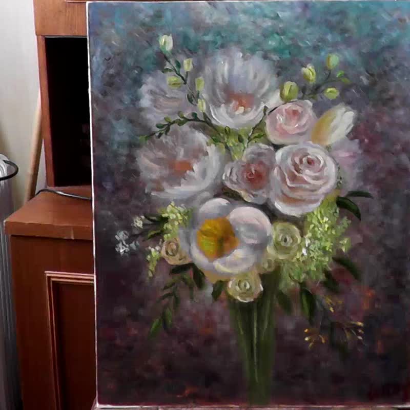 白牡丹とバラの絵画オリジナルの花アート ブーケ アートワーク フラワー アート - ポスター・絵 - その他の素材 ホワイト