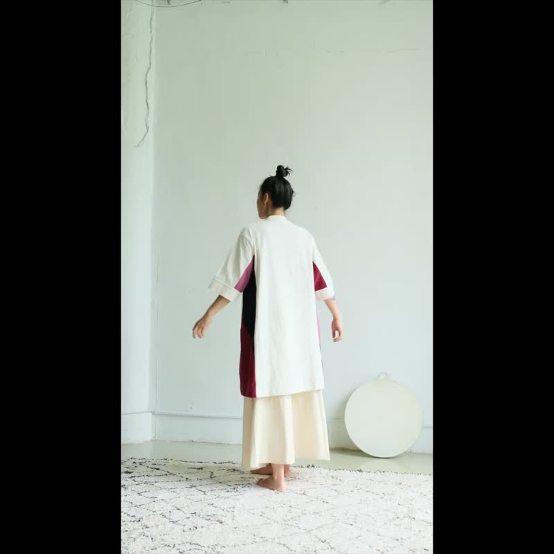 小立領七分袖拼接長上衣 藍 - 女上衣/長袖上衣 - 棉．麻 白色