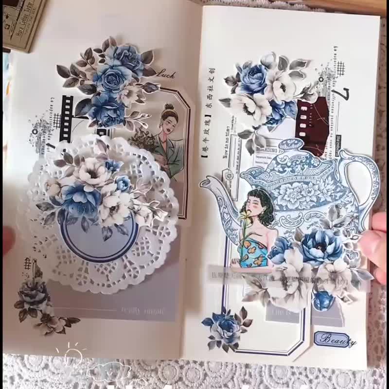 東西社文創 巷午玫瑰 PET透明手帳貼紙膠帶 輕復古淡雅藍白花朵 - 紙膠帶/和紙/PET - 其他材質 
