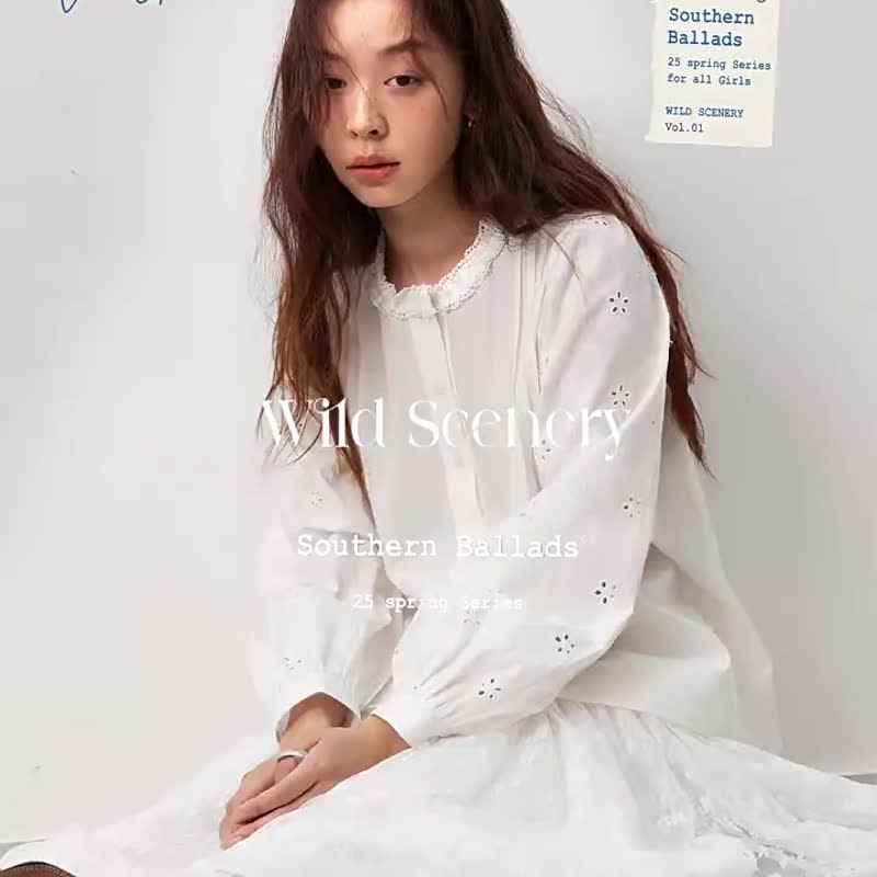 梔子白色 旖旎夢境 法式文藝襯衫 繡花拼接襯衣 氣質通勤上衣 - 女襯衫 - 棉．麻 白色
