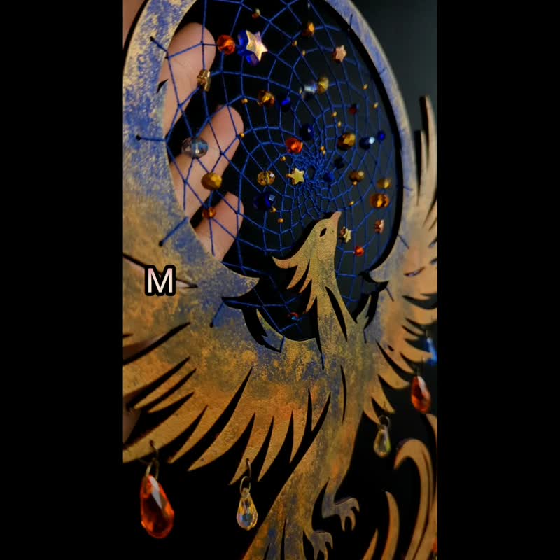 Phoenix Dreamcatcher – Handcrafted Firebird Wall Hanging with Blue & Orange - 壁貼/牆壁裝飾 - 木頭 藍色