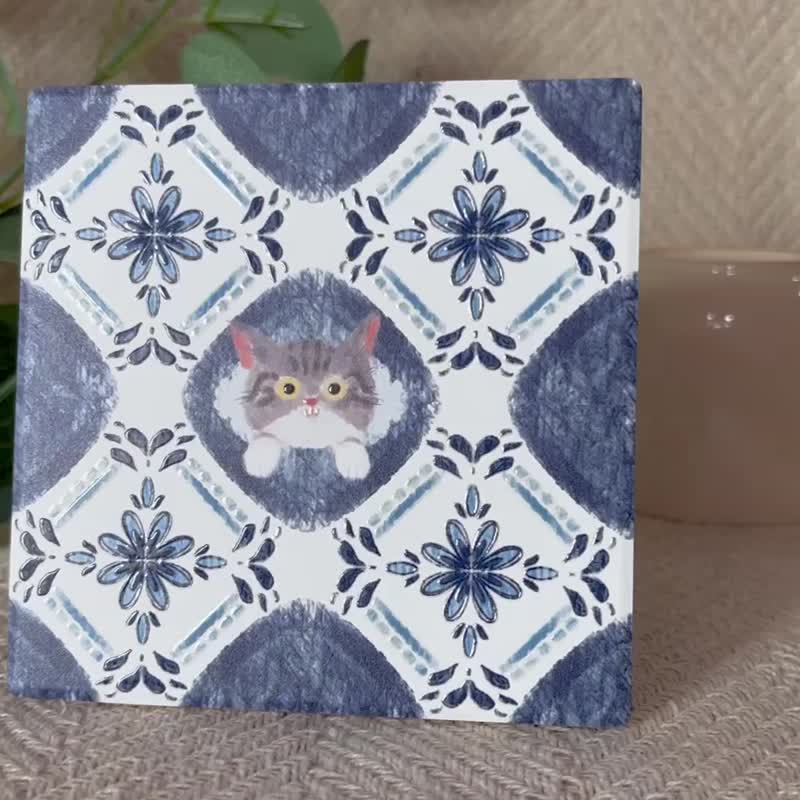 Tile peek-a-boo coaster tabby | Wedding souvenir Yingge ceramic three-dimensional pattern wooden gift box - Coasters - Pottery Multicolor