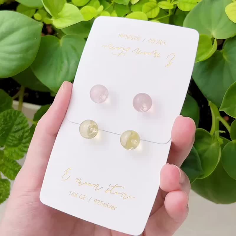 泡泡球天然粉水晶 黃水晶耳針 - 耳環/耳夾/耳骨夾 - 水晶 粉紅色