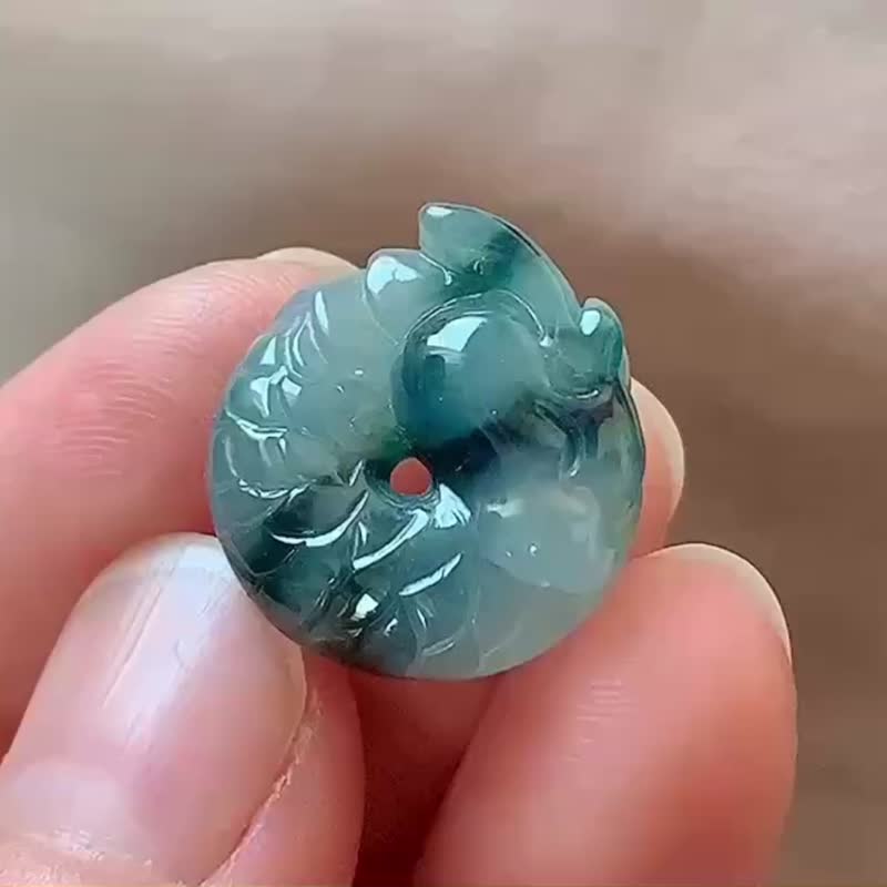 冰種翡翠天然翡翠A玉吊墜頸鏈 • 翡翠龍環龍扣 - 項鍊 - 玉石 藍色