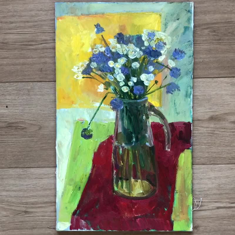 Bouquet of summer flowers Original Oil Painting Still Life Wall Art Home Decor - 壁貼/牆壁裝飾 - 棉．麻 多色