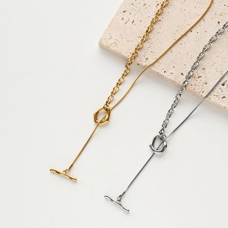 名入れ 【 マンテル チェーン ロングネックレス 006 】 シンプル チェーン Y字 ネックレス 刻印 ギフト QU06U - 項鍊 - 不鏽鋼 銀色