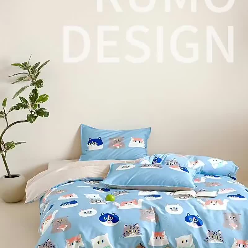 Meow meow meow pillowcase + quilt cover + bed sheet 4-piece set for single and double original hand-painted cat 60-count pure cotton - เครื่องนอน - ผ้าฝ้าย/ผ้าลินิน สีน้ำเงิน