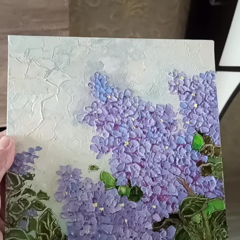 Lilac Oil Painting on Canvas board 20x20cm Saugeana Flowers Impasto Artwork - 海報/掛畫/掛布 - 其他材質 紫色