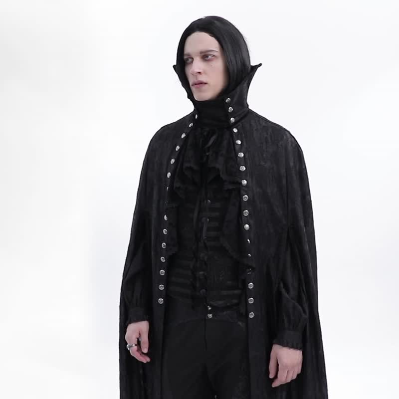 哥德古典魔法師雙排扣高領斗篷 / 寬鬆版型 / 可拆荷葉邊 - 外套/大衣 - 其他材質 黑色