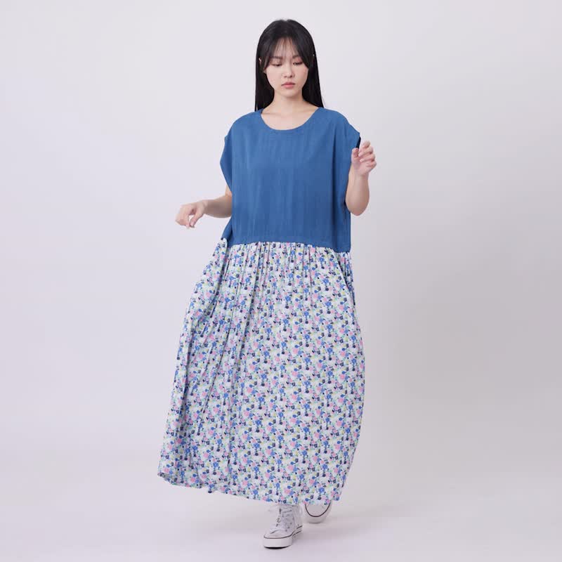 Flora Floral Drop Shoulder Patchwork Print Summer Dress/ Blue - One Piece Dresses - Polyester Blue