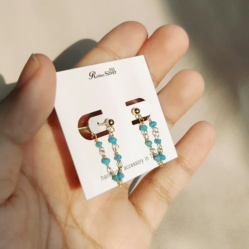 SV925Gold Tiny Turquoise Front & Back Stud Earrings - ต่างหู - คริสตัล สีน้ำเงิน