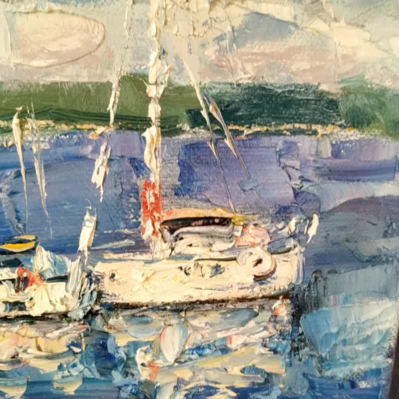 Sailboat Painting Yacht Landscape Original Art Impressionism Original Artwork - วาดภาพ/ศิลปะการเขียน - วัสดุอื่นๆ 