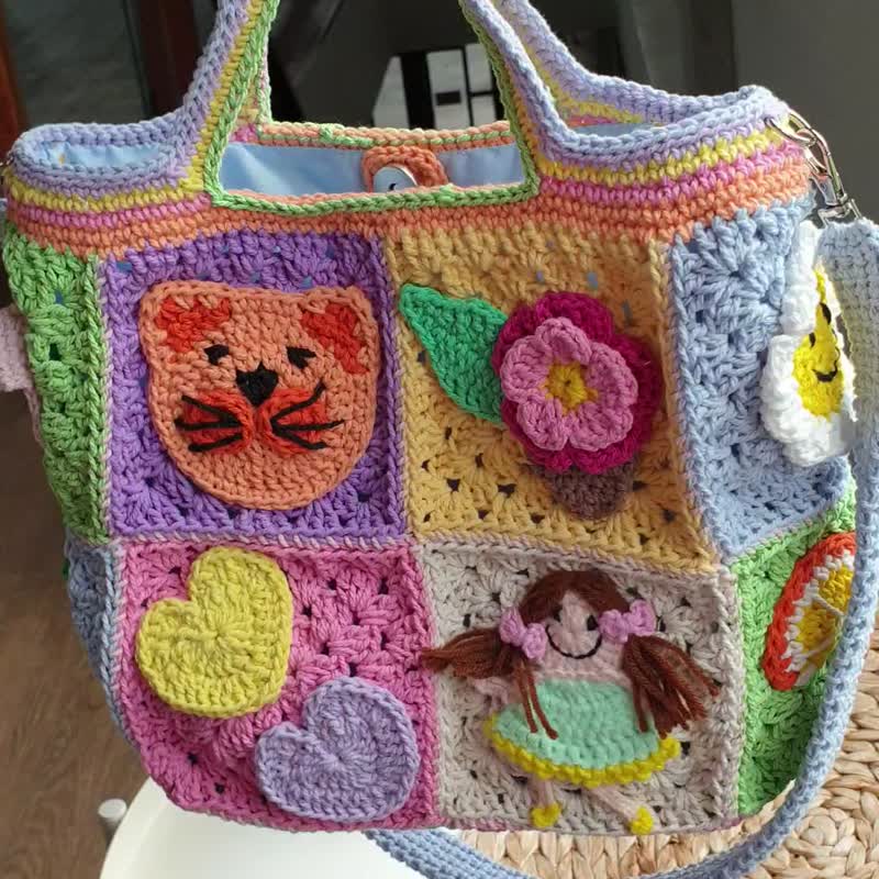 Crochet bag, กระเป๋าถัก งาน Handmade, กระเป๋า Crossbody, for girl, Birthday gift - กระเป๋าถือ - ผ้าฝ้าย/ผ้าลินิน หลากหลายสี