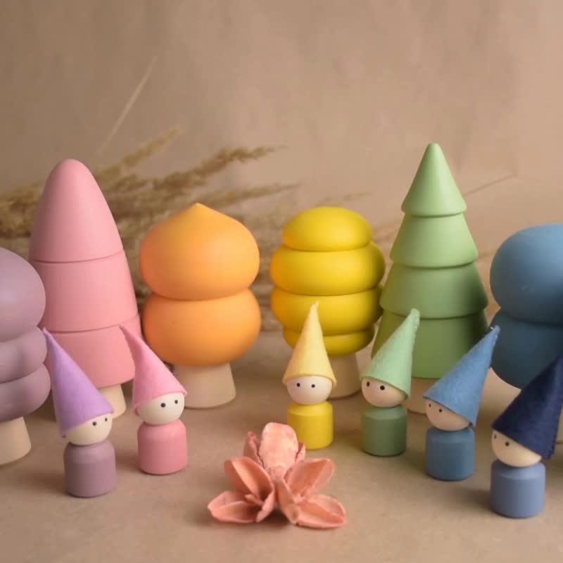 Set of Wooden Toys with Peg Dolls Opening Trees Montessori Playset in Pastel - ของเล่นเด็ก - ไม้ สึชมพู