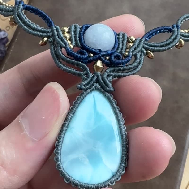 N879 蠟線編織拉利瑪 (海紋石)  銅珠 頸鏈 (可調長度) 民族風 - 項鍊 - 寶石 灰色