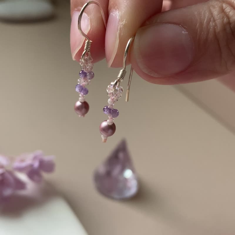 [Kimiko handmade jewelry] Rose pink pearl purple Stone beaded earrings - Earrings & Clip-ons - Pearl Purple