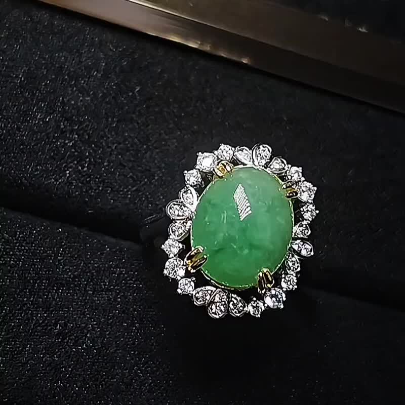 |Boldness|A-grade jadeite old pit type waxy ice green floating flower large egg surface 12.2mm sterling silver plated 18k ring - General Rings - Jade 
