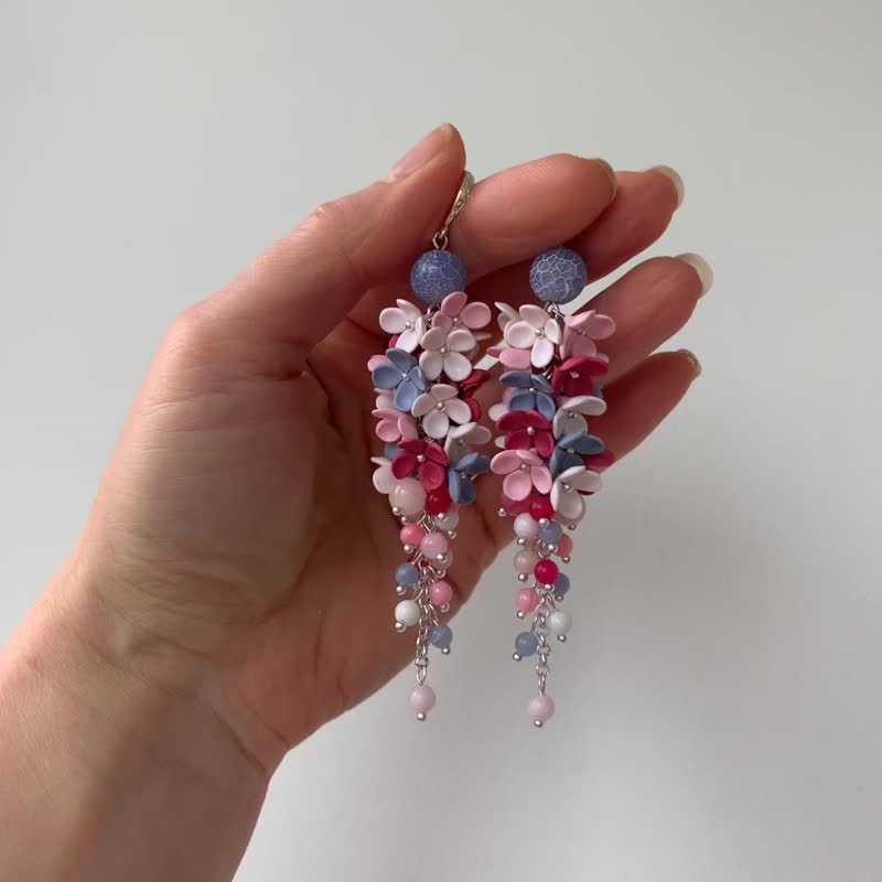 Long Earrings With Small Flowers Foral Jewelry Boho Earrings Blooming Earrings - 耳環/耳夾/耳骨夾 - 黏土 多色