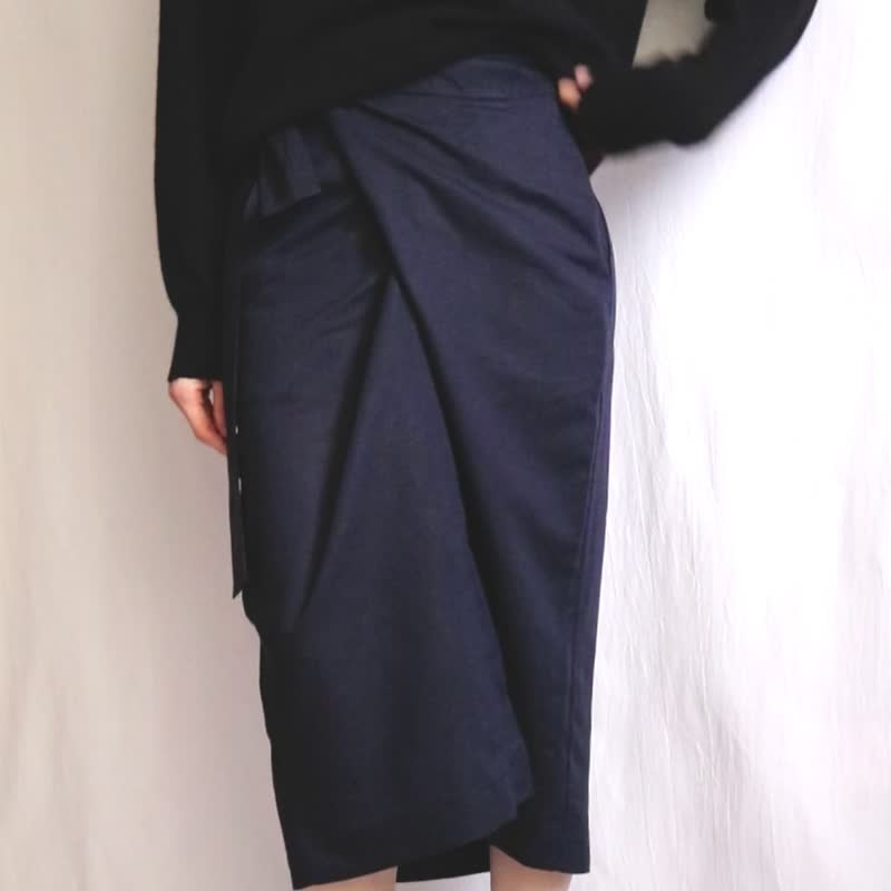 海軍藍亞麻裹式綁帶開衩中長裙 80cm - 裙子/長裙 - 棉．麻 藍色