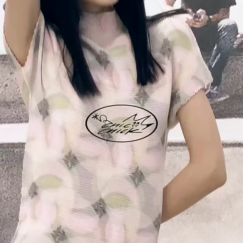 復古萬花筒印花 三宅風手工壓褶短袖上衣 僅上衣 - 女上衣/長袖上衣 - 其他人造纖維 粉紅色