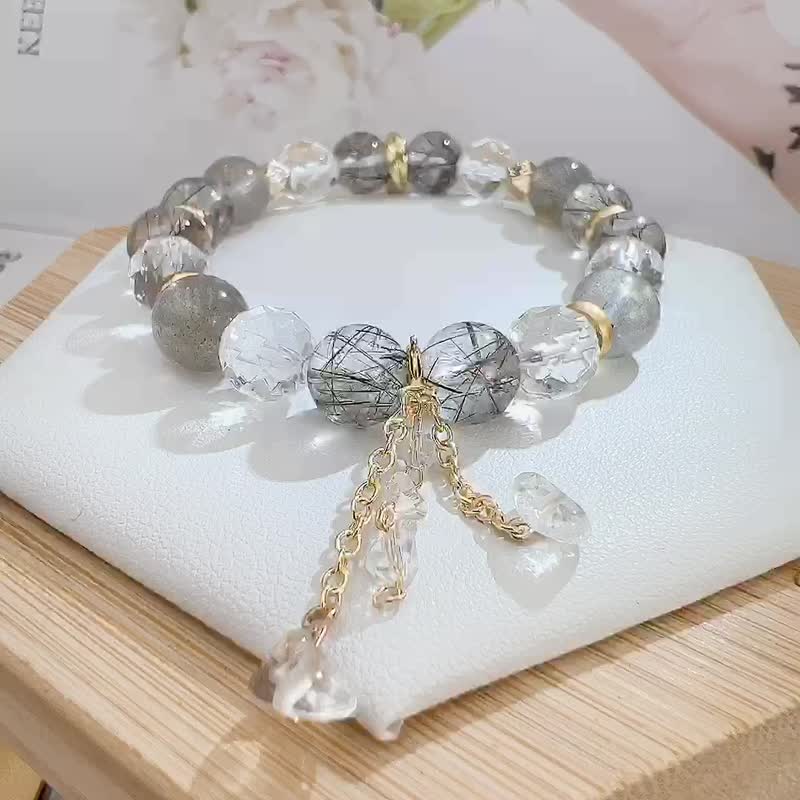 黑髮晶 | 白水晶 | 月光石 | 去除負能量 | 撫平心境 - 手鍊/手環 - 水晶 